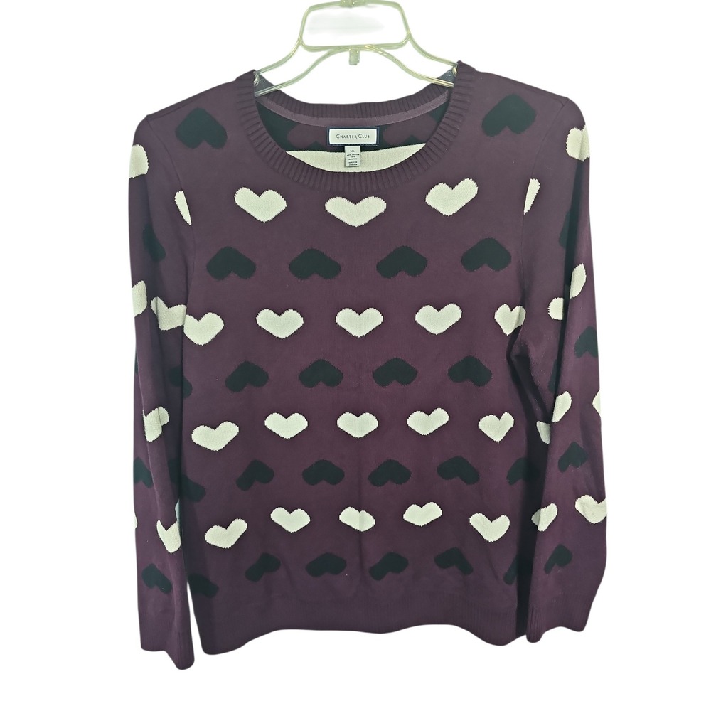 Charter Club Sweater Heart Print Purple Intarsia Knit Women XL